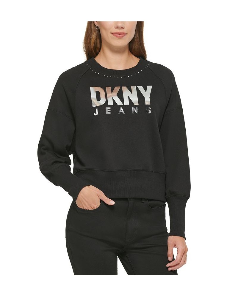 Women's Studded Crewneck Metallic Logo Sweatshirt Black $20.30 Sweatshirts