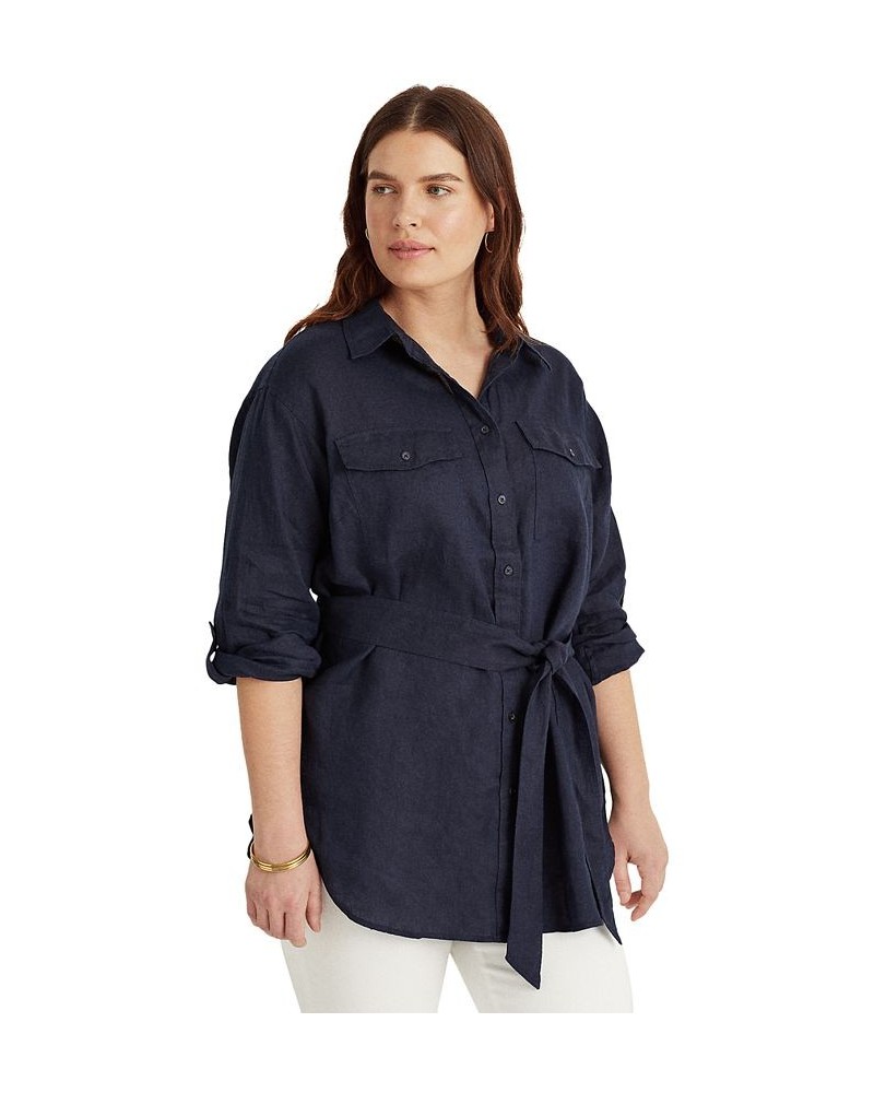 Plus Size Buttoned Linen Top Blue $45.90 Tops