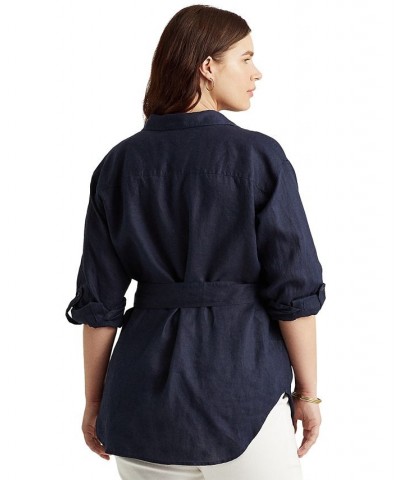 Plus Size Buttoned Linen Top Blue $45.90 Tops