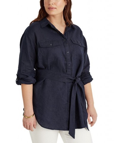 Plus Size Buttoned Linen Top Blue $45.90 Tops