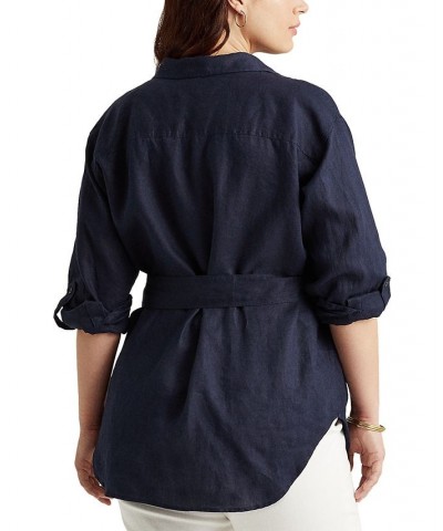 Plus Size Buttoned Linen Top Blue $45.90 Tops