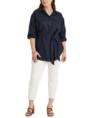 Plus Size Buttoned Linen Top Blue $45.90 Tops