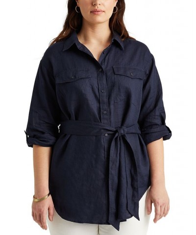 Plus Size Buttoned Linen Top Blue $45.90 Tops