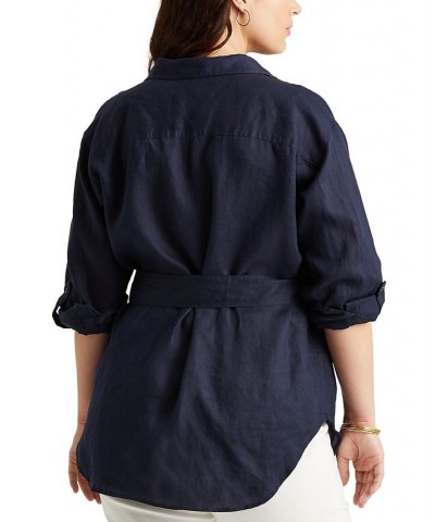 Plus Size Buttoned Linen Top Blue $45.90 Tops