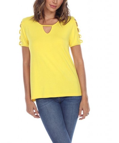 Women's Keyhole Neck Cutout Short Sleeve Top Yellow $25.42 Tops