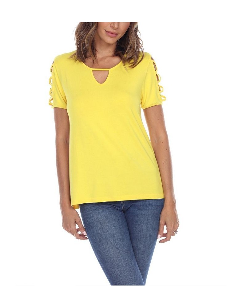 Women's Keyhole Neck Cutout Short Sleeve Top Yellow $25.42 Tops