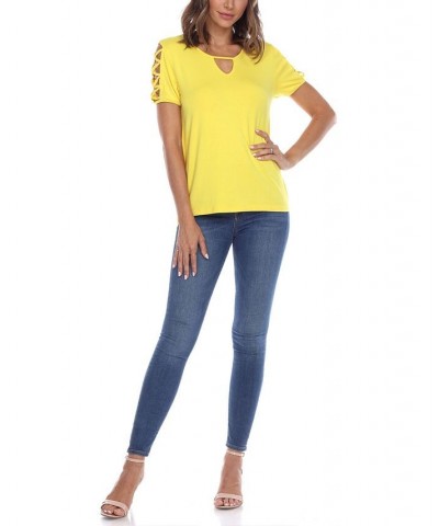 Women's Keyhole Neck Cutout Short Sleeve Top Yellow $25.42 Tops