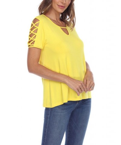 Women's Keyhole Neck Cutout Short Sleeve Top Yellow $25.42 Tops