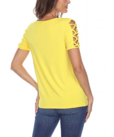 Women's Keyhole Neck Cutout Short Sleeve Top Yellow $25.42 Tops