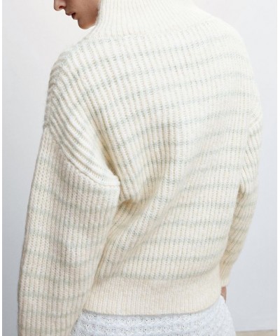 Women's Zipper Striped Sweater Ecru $42.39 Sweaters