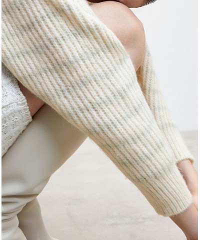 Women's Zipper Striped Sweater Ecru $42.39 Sweaters