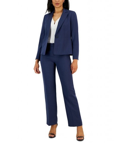 Herringbone Single Button Blazer & Straight Leg Mid-Rise Pantsuit Regular and Petite Sizes Blue $84.60 Suits