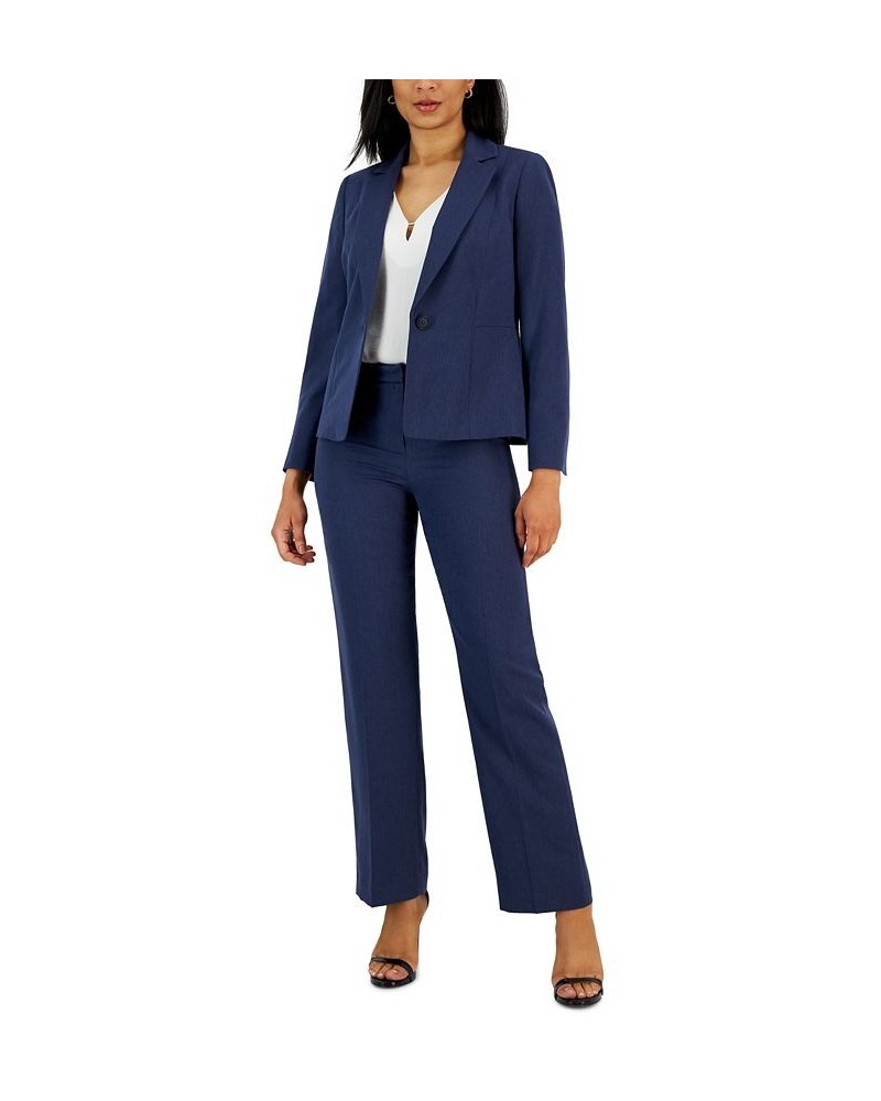 Herringbone Single Button Blazer & Straight Leg Mid-Rise Pantsuit Regular and Petite Sizes Blue $84.60 Suits