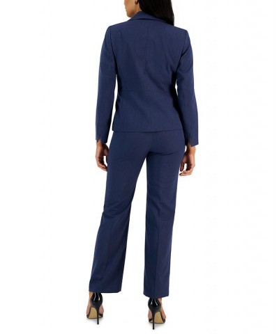 Herringbone Single Button Blazer & Straight Leg Mid-Rise Pantsuit Regular and Petite Sizes Blue $84.60 Suits