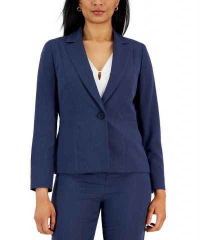 Herringbone Single Button Blazer & Straight Leg Mid-Rise Pantsuit Regular and Petite Sizes Blue $84.60 Suits