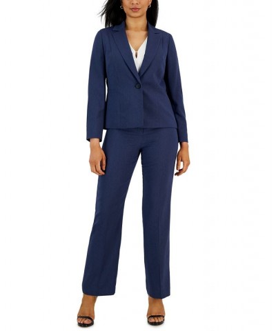 Herringbone Single Button Blazer & Straight Leg Mid-Rise Pantsuit Regular and Petite Sizes Blue $84.60 Suits