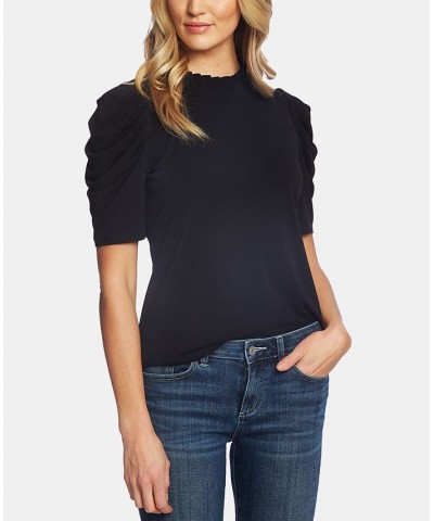 Women's Short Puff-Sleeve Ruffled-Neck Knit Top Black $29.24 Tops