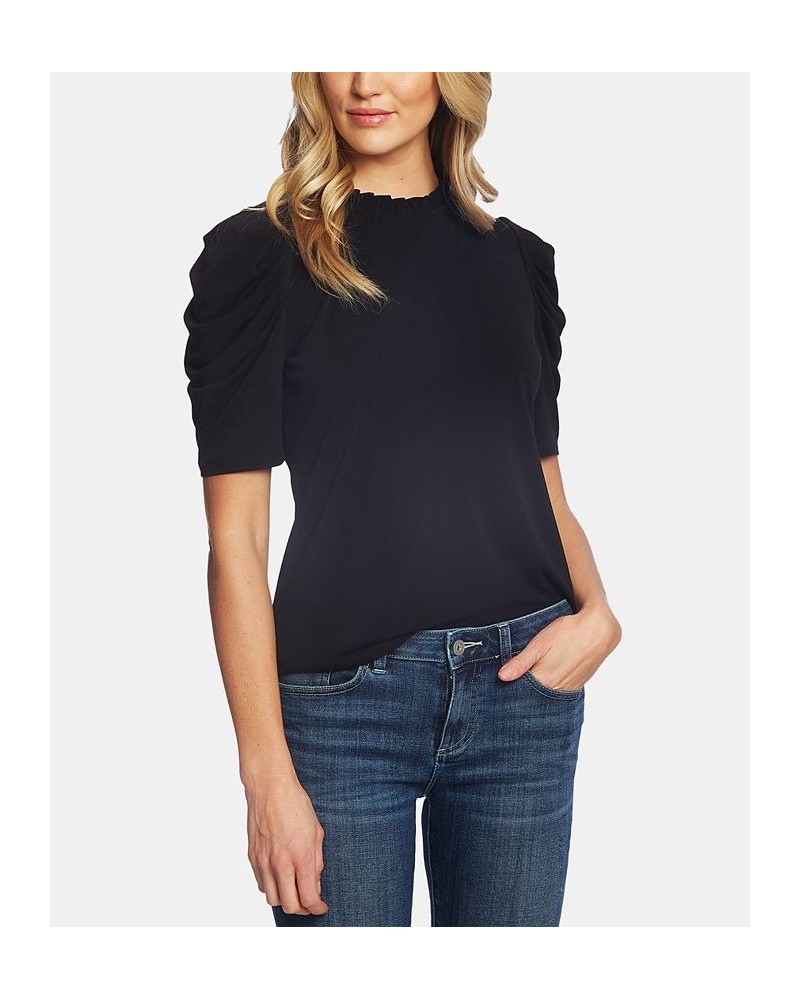 Women's Short Puff-Sleeve Ruffled-Neck Knit Top Black $29.24 Tops