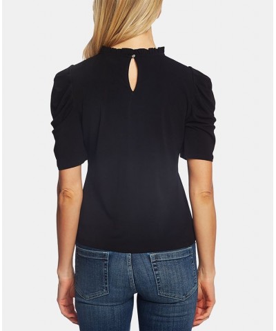 Women's Short Puff-Sleeve Ruffled-Neck Knit Top Black $29.24 Tops