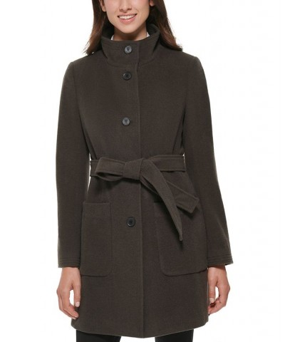 Women's Stand-Collar Button-Front Belted Coat Loden $86.00 Coats