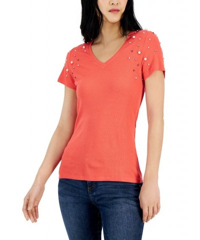 Women's Embellished T-Shirt Orange $16.57 Tops