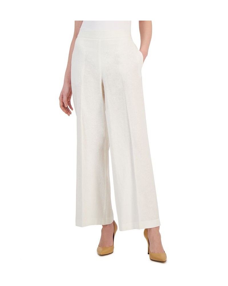 Women's Linen-Blend High-Rise Pull-On Wide-Leg Pants White $40.29 Pants