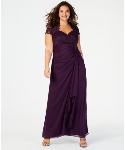 Plus Size Sequined-Lace Ruched Gown Purple $73.39 Dresses