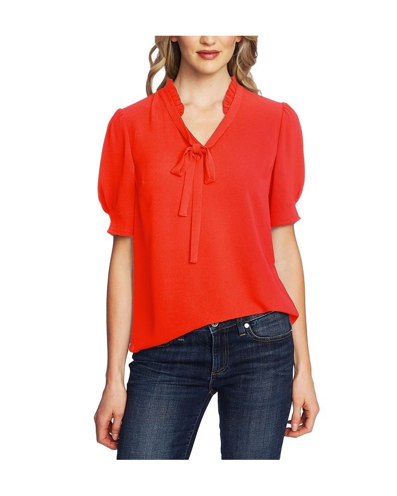 Ruffled V-Neck Tie Top Cherry Rose $23.53 Tops