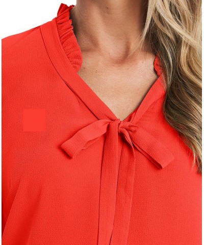 Ruffled V-Neck Tie Top Cherry Rose $23.53 Tops