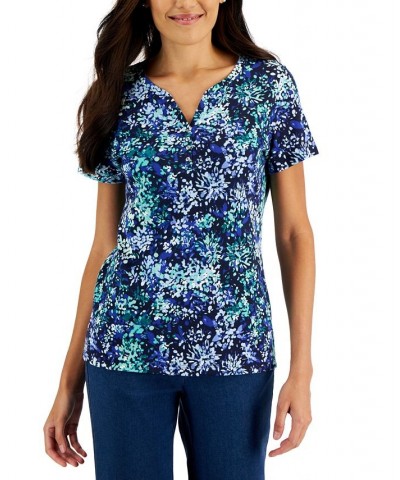 Women's Short-Sleeve Floral-Print Henley Top Purple $9.87 Tops