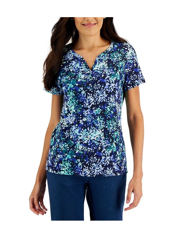 Women's Short-Sleeve Floral-Print Henley Top Purple $9.87 Tops