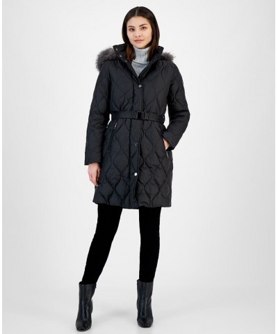 Petite Faux-Fur-Trim Hooded Belted Down Puffer Coat Black $72.00 Coats