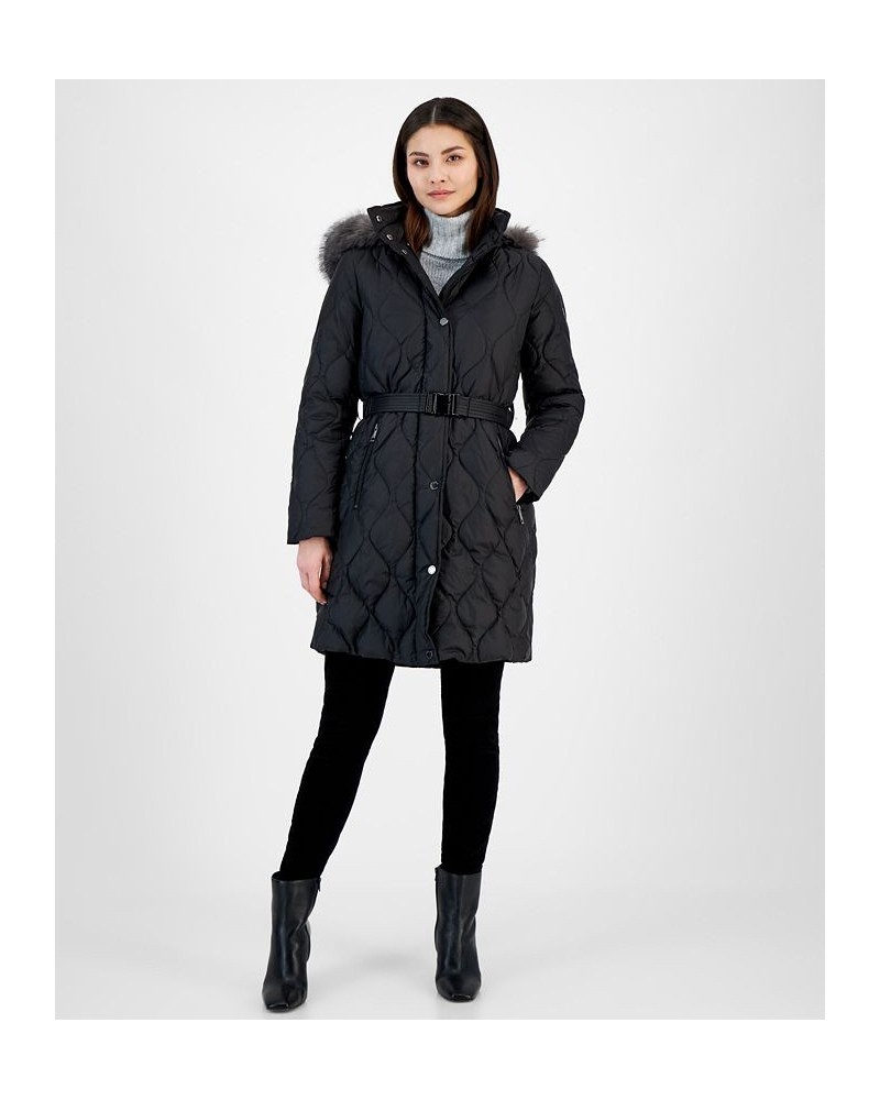 Petite Faux-Fur-Trim Hooded Belted Down Puffer Coat Black $72.00 Coats