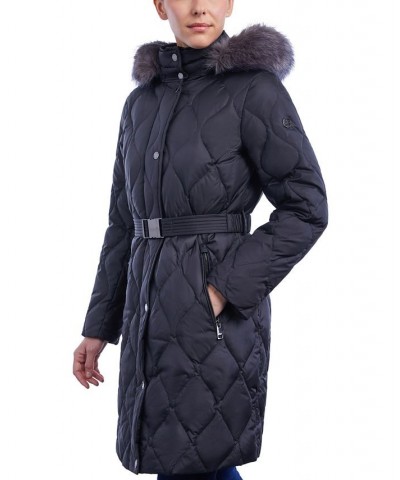 Petite Faux-Fur-Trim Hooded Belted Down Puffer Coat Black $72.00 Coats