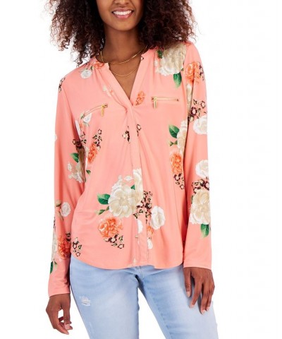 Women's Print Zip-Pocket Top in Regular & Petite Pink $18.63 Tops