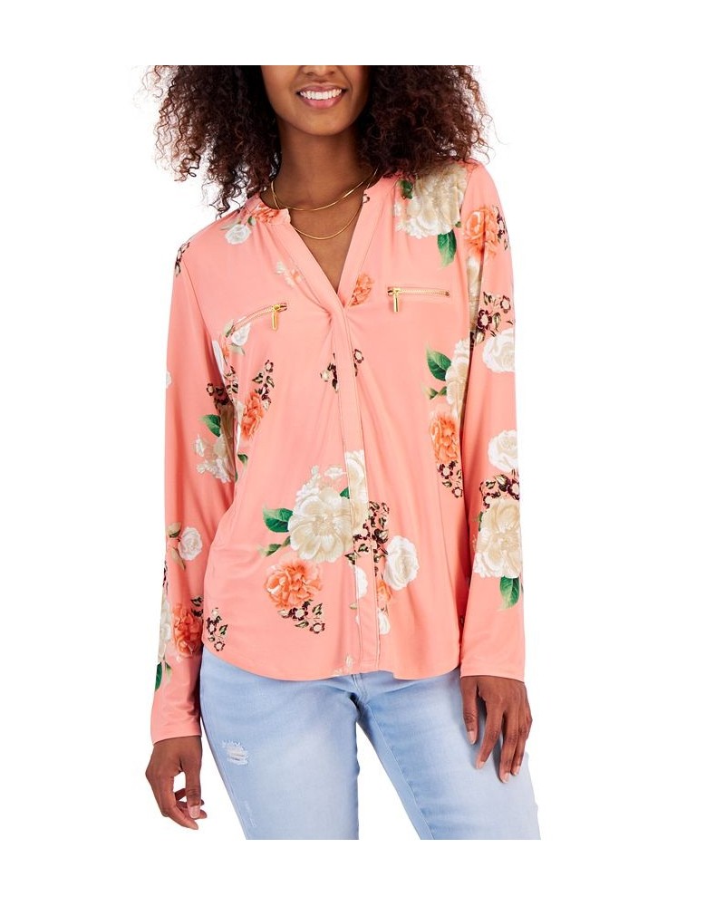 Women's Print Zip-Pocket Top in Regular & Petite Pink $18.63 Tops