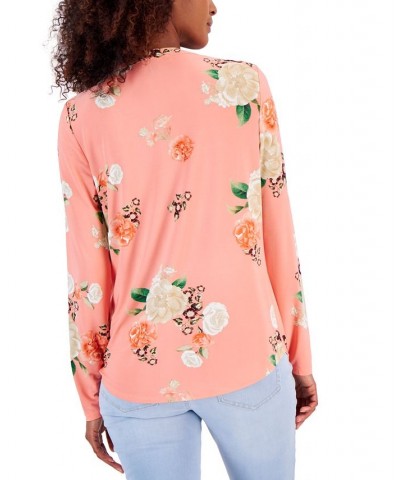 Women's Print Zip-Pocket Top in Regular & Petite Pink $18.63 Tops