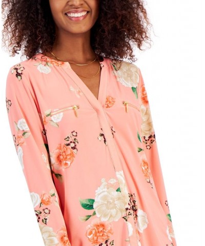 Women's Print Zip-Pocket Top in Regular & Petite Pink $18.63 Tops