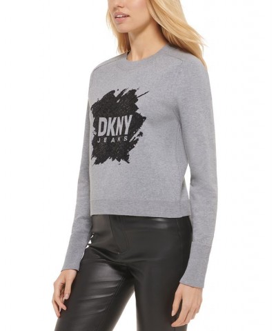 Women's Sequin Logo Crewneck Sweater Gray $31.57 Sweaters