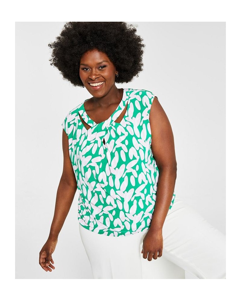 Plus Size Sleeveless Printed Twist-Neck Top Green/Pink $21.79 Tops