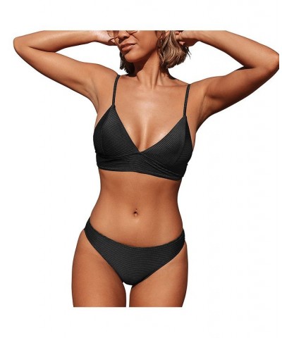 Women's Solid Color Triangle Bikini Set Padded Bikini Set Black $26.39 Swimsuits