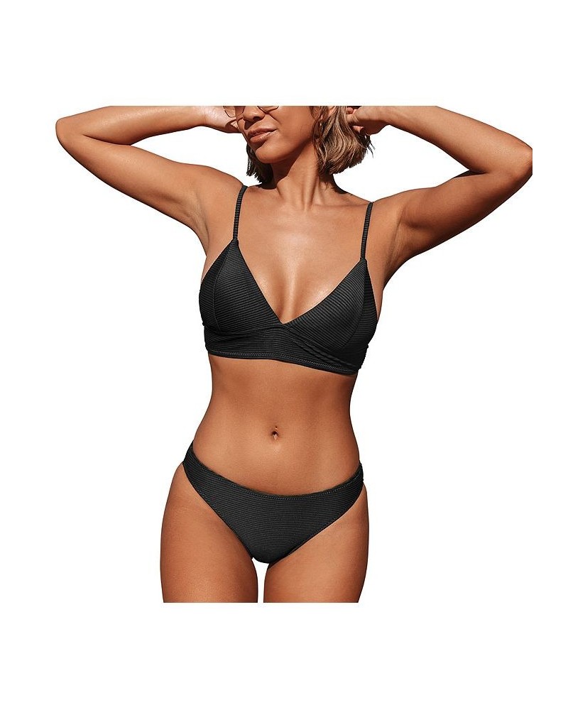 Women's Solid Color Triangle Bikini Set Padded Bikini Set Black $26.39 Swimsuits