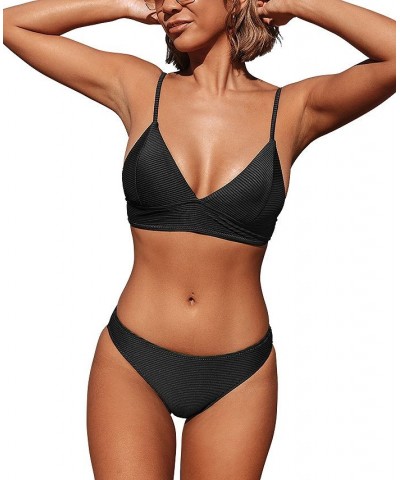 Women's Solid Color Triangle Bikini Set Padded Bikini Set Black $26.39 Swimsuits