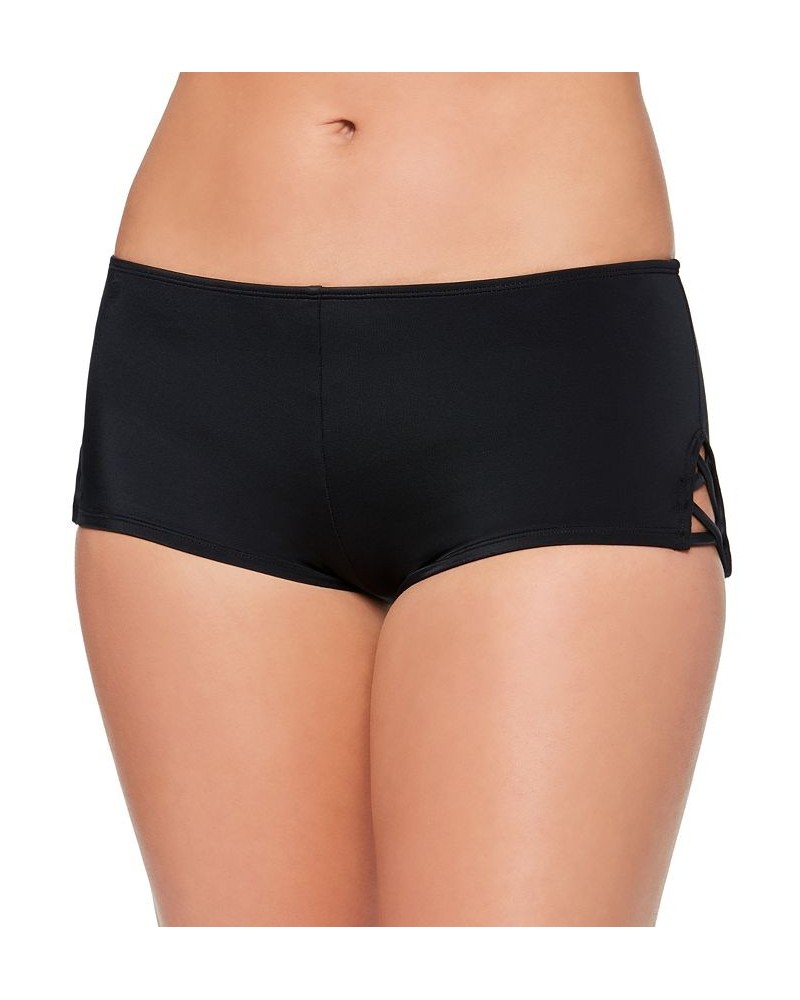 Juniors' Strappy-Side Swim Boyshorts Black $17.39 Swimsuits