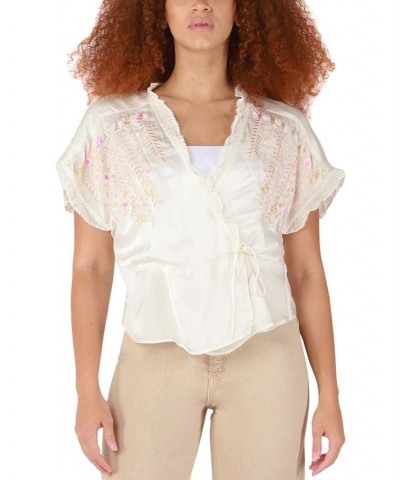 Women's Embroidered Tie-Front Wrap Top Cream $15.06 Tops