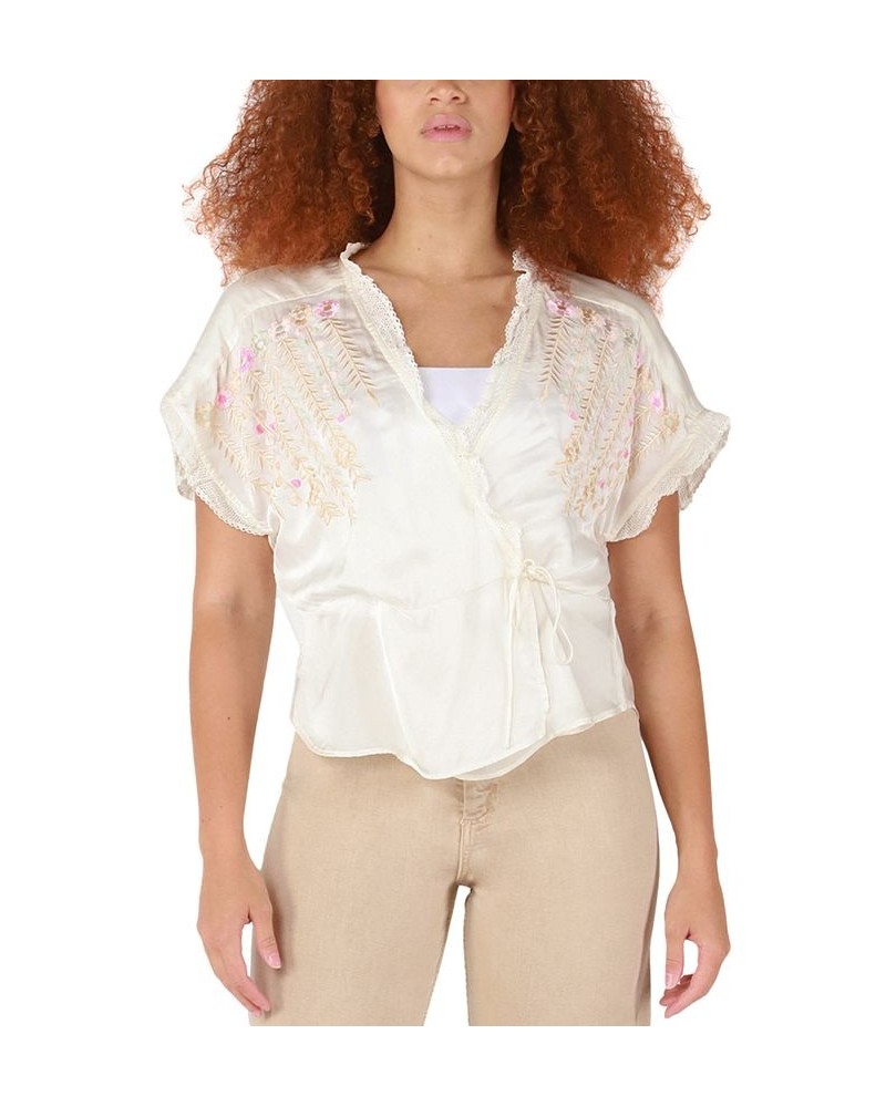 Women's Embroidered Tie-Front Wrap Top Cream $15.06 Tops