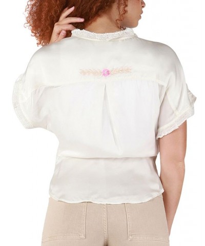 Women's Embroidered Tie-Front Wrap Top Cream $15.06 Tops