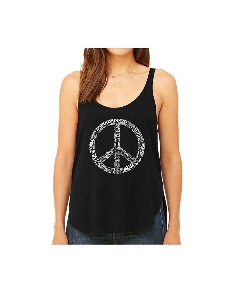 Women's Premium Word Art Flowy Tank Top- The Word Peace In 77 Languages Black $20.64 Tops