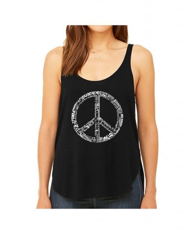 Women's Premium Word Art Flowy Tank Top- The Word Peace In 77 Languages Black $20.64 Tops