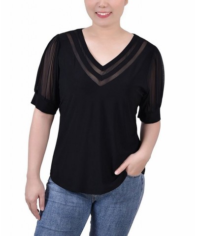 Petite Size Short Puff Sleeve V-neck Top Black $17.36 Tops